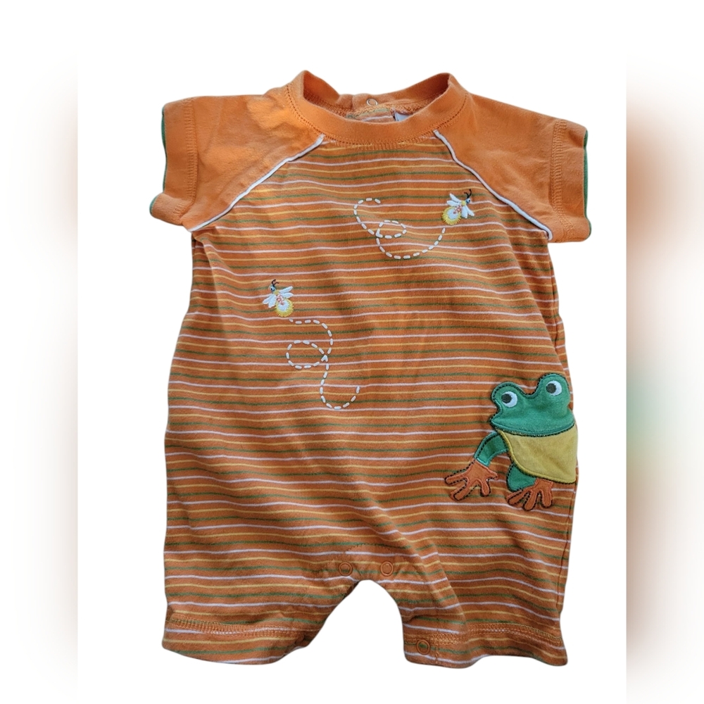 Orange Striped Baby Romper with Frog Design